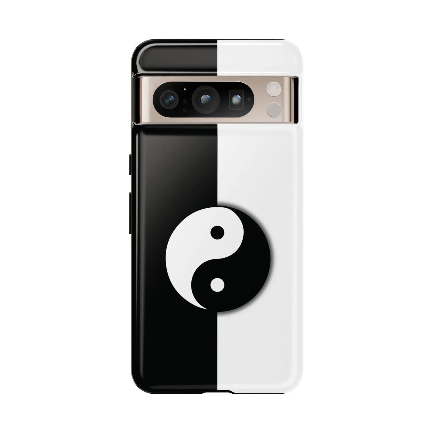 Back side of a yin yang black and white phone case with a glossy finish designed for tough cases
