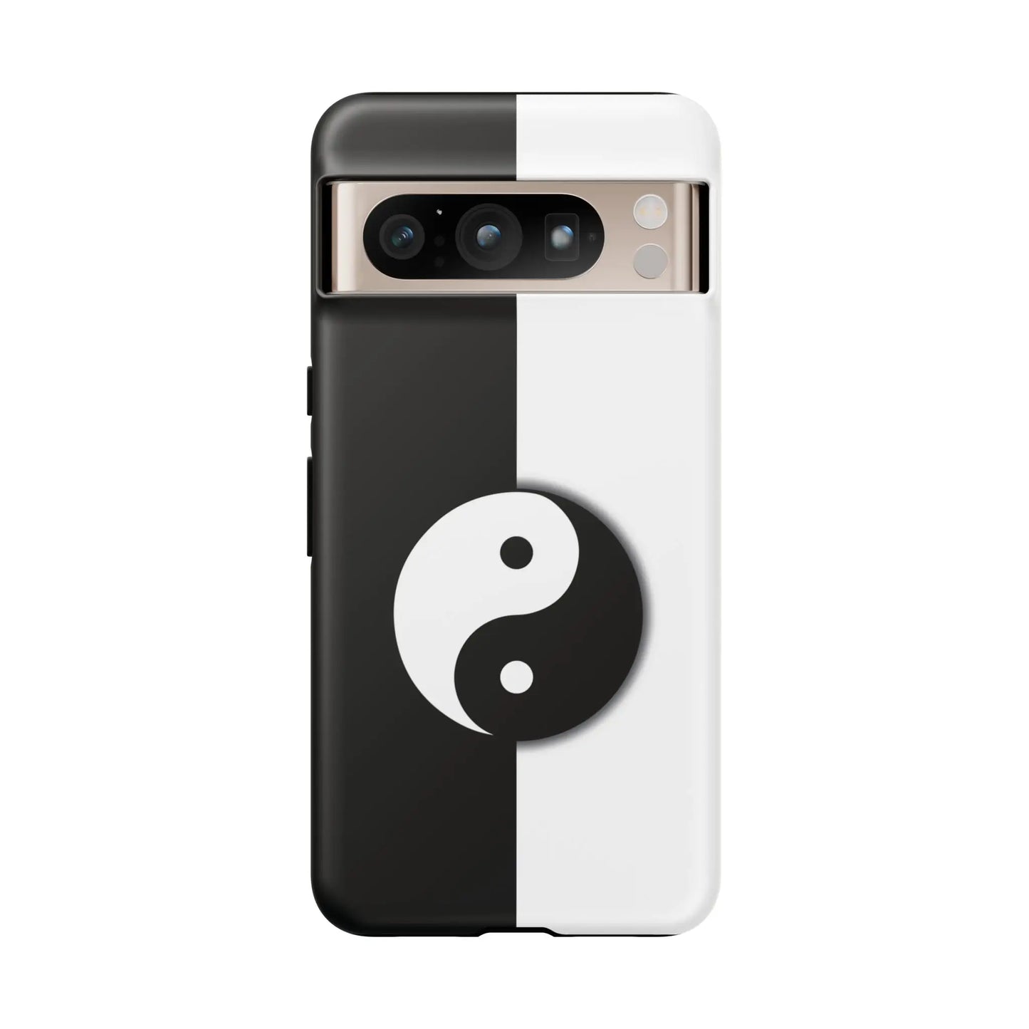 Back of a tough yin yang black and white phone case featuring a central yin yang symbol on split-color design