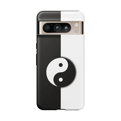 Back of a tough yin yang black and white phone case featuring a central yin yang symbol on split-color design