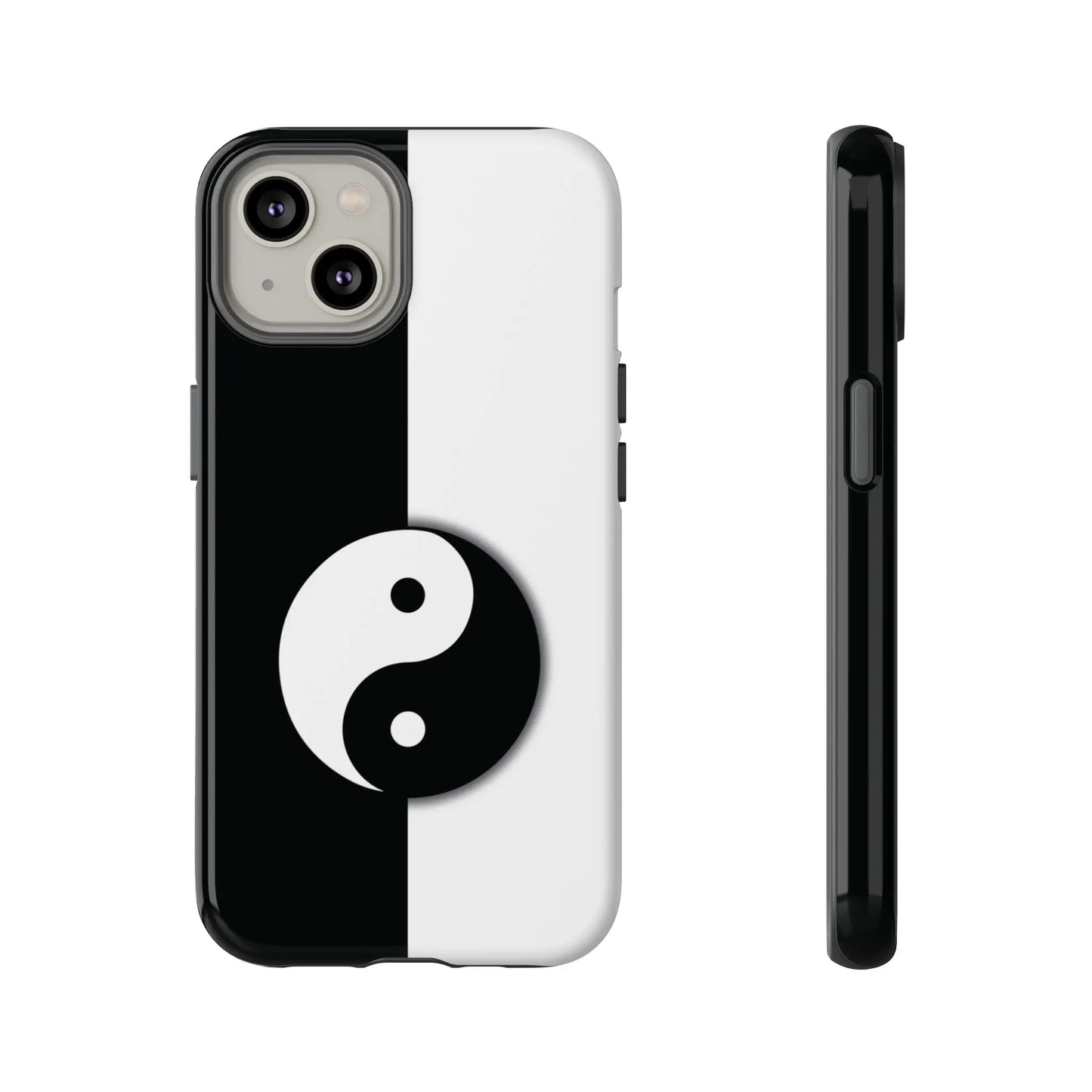 Back view of tough yin yang black and white phone case featuring a centered yin yang symbol on a split design