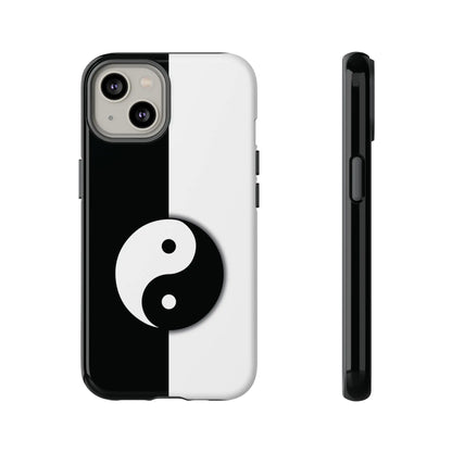 Back view of tough yin yang black and white phone case featuring a centered yin yang symbol on a split design