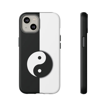Back side of a tough yin yang black and white phone case featuring a centered yin yang symbol on a split-color design