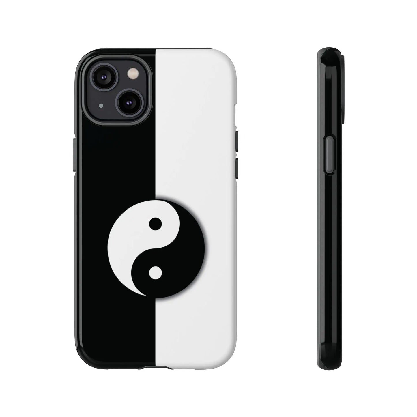 Back view of a tough yin yang black and white phone case featuring a centered yin yang symbol on split design
