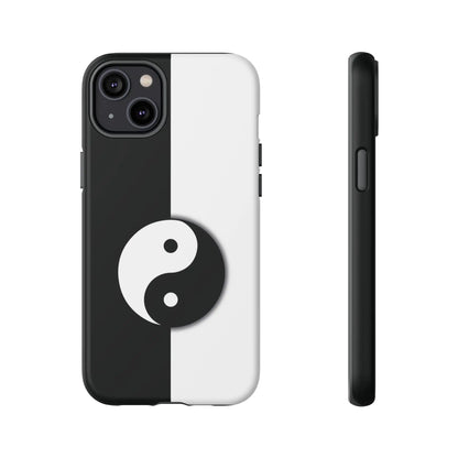Back view of a tough yin yang black and white phone case with a sleek minimalist design for durable protection