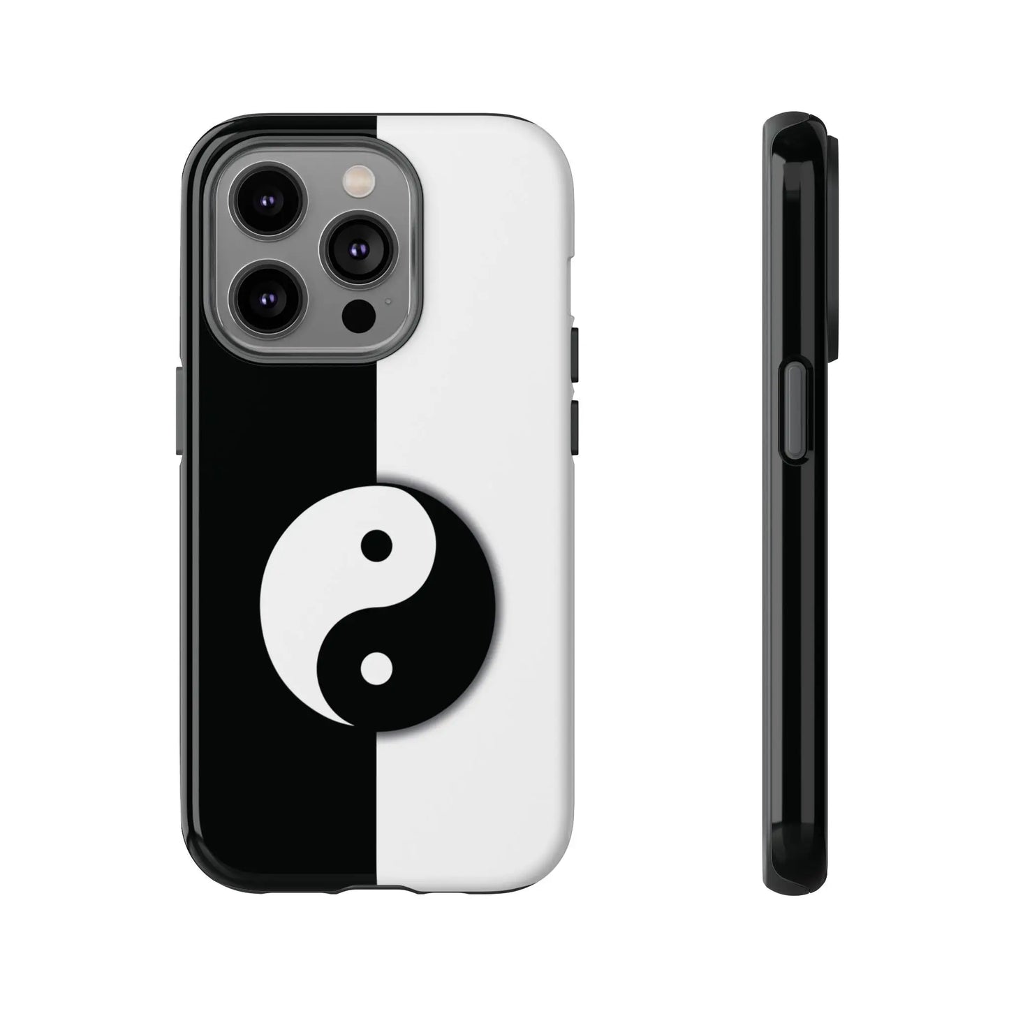 Back side of a glossy yin yang black and white phone case designed for tough protection and style