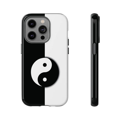 Back side of a glossy yin yang black and white phone case designed for tough protection and style