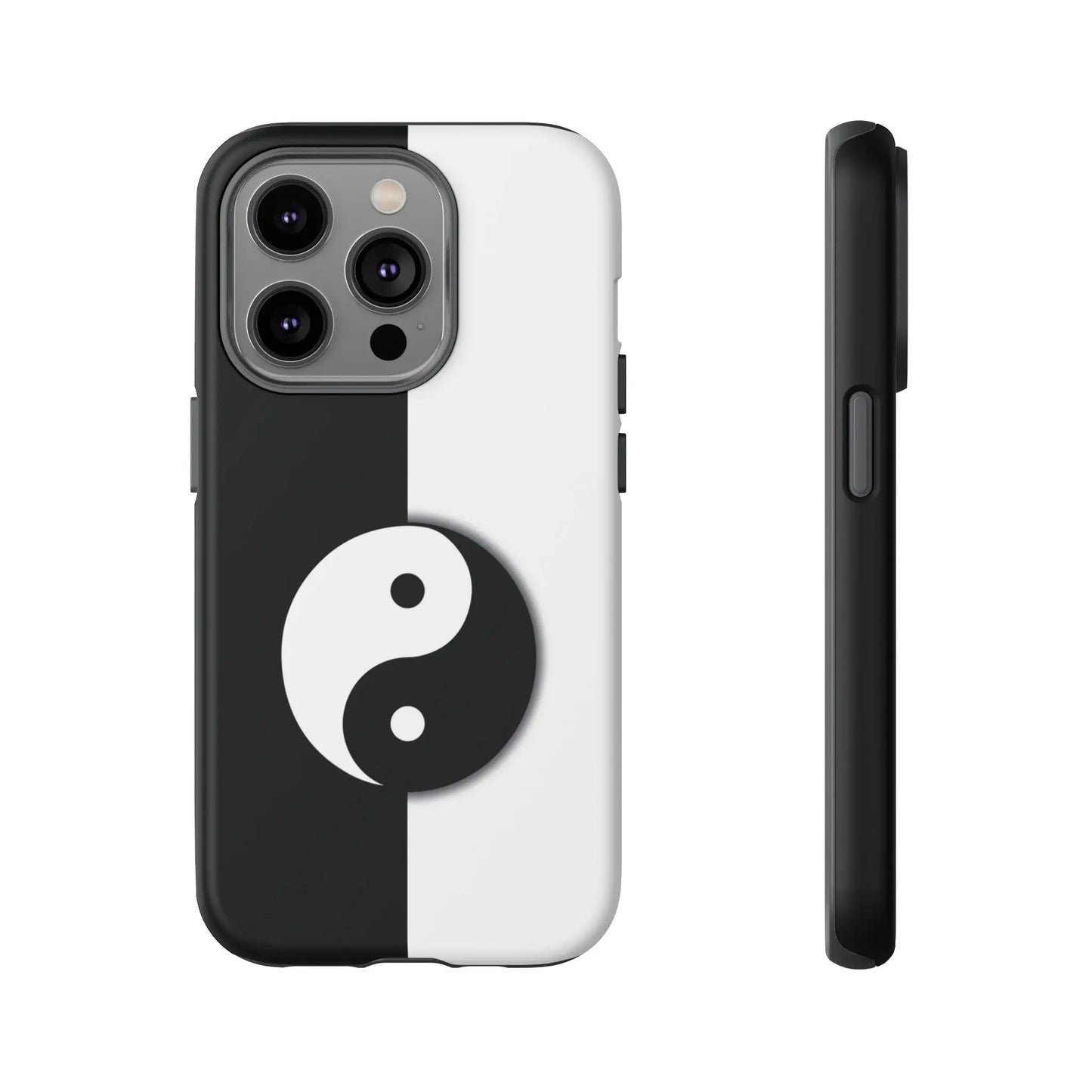 Black and white yin yang tough phone case with sleek minimalist design shown from the back side