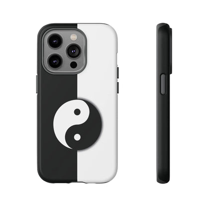 Black and white yin yang tough phone case with sleek minimalist design shown from the back side
