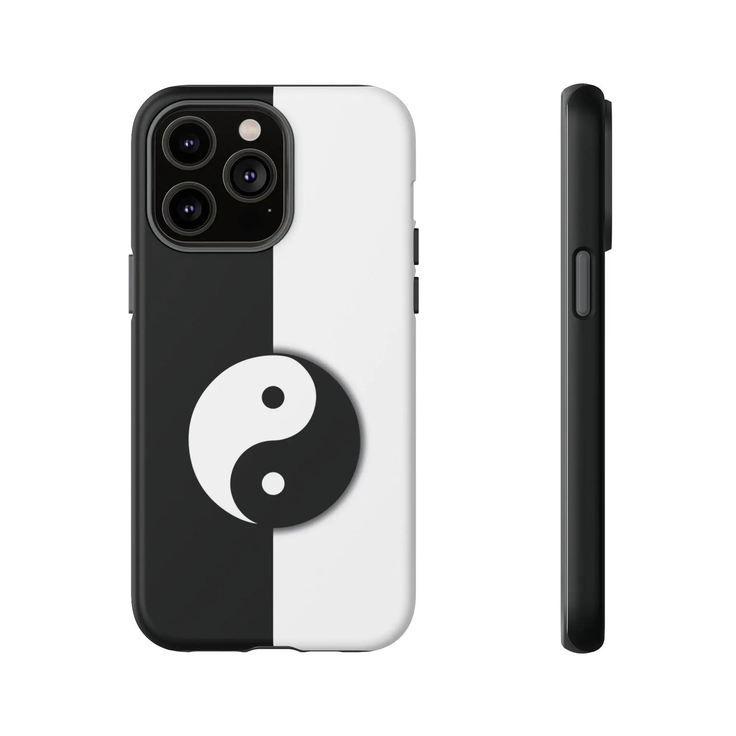 Back side of a tough black and white phone case featuring a centered yin yang black symbol design