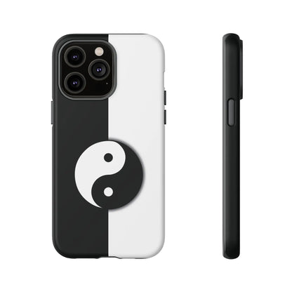 Back side of a tough black and white phone case featuring a centered yin yang black symbol design