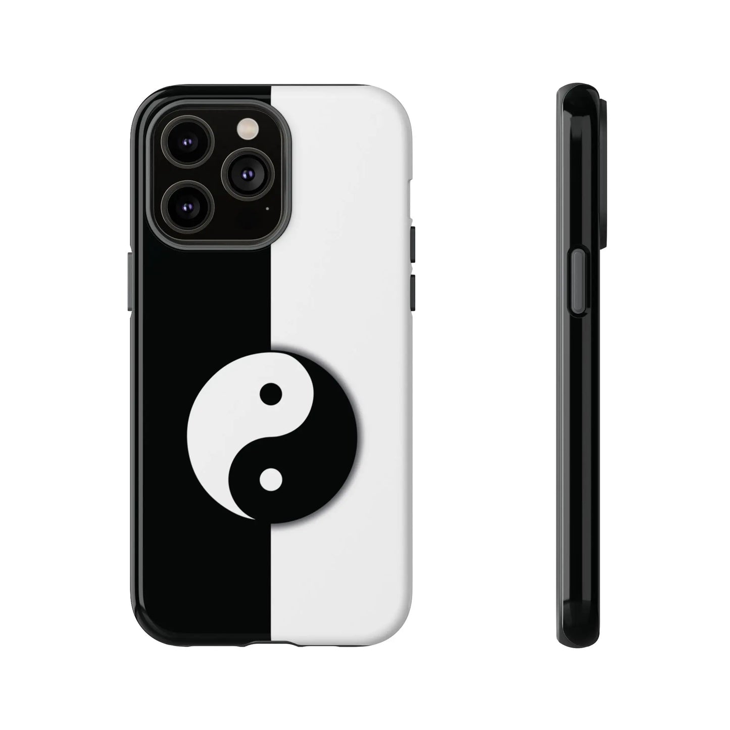 Back side of a glossy yin yang black and white phone case designed for tough cases with a yin yang design