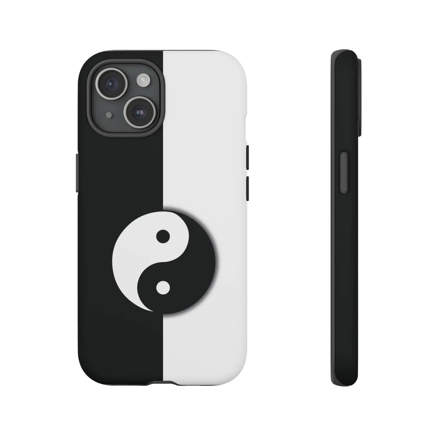 Back of a sleek yin yang black and white phone case with minimalist design for tough case protection