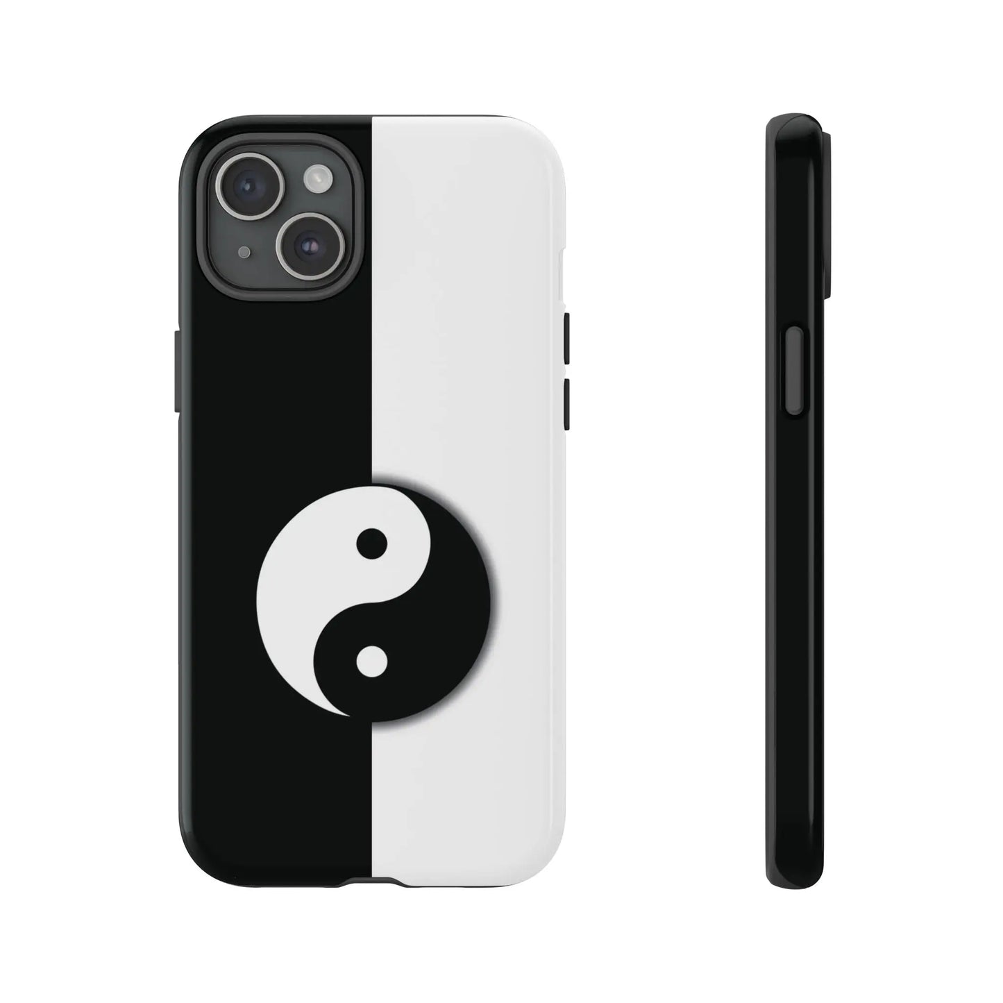 Black and white phone case with a yin yang black symbol centered on the split design shown from the back side