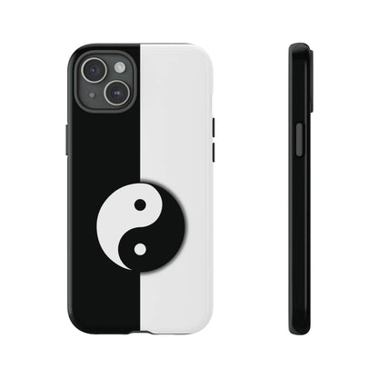Black and white phone case with a yin yang black symbol centered on the split design shown from the back side