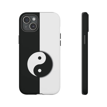 Back side of a tough yin yang black and white phone case featuring a centered yin yang symbol on split design