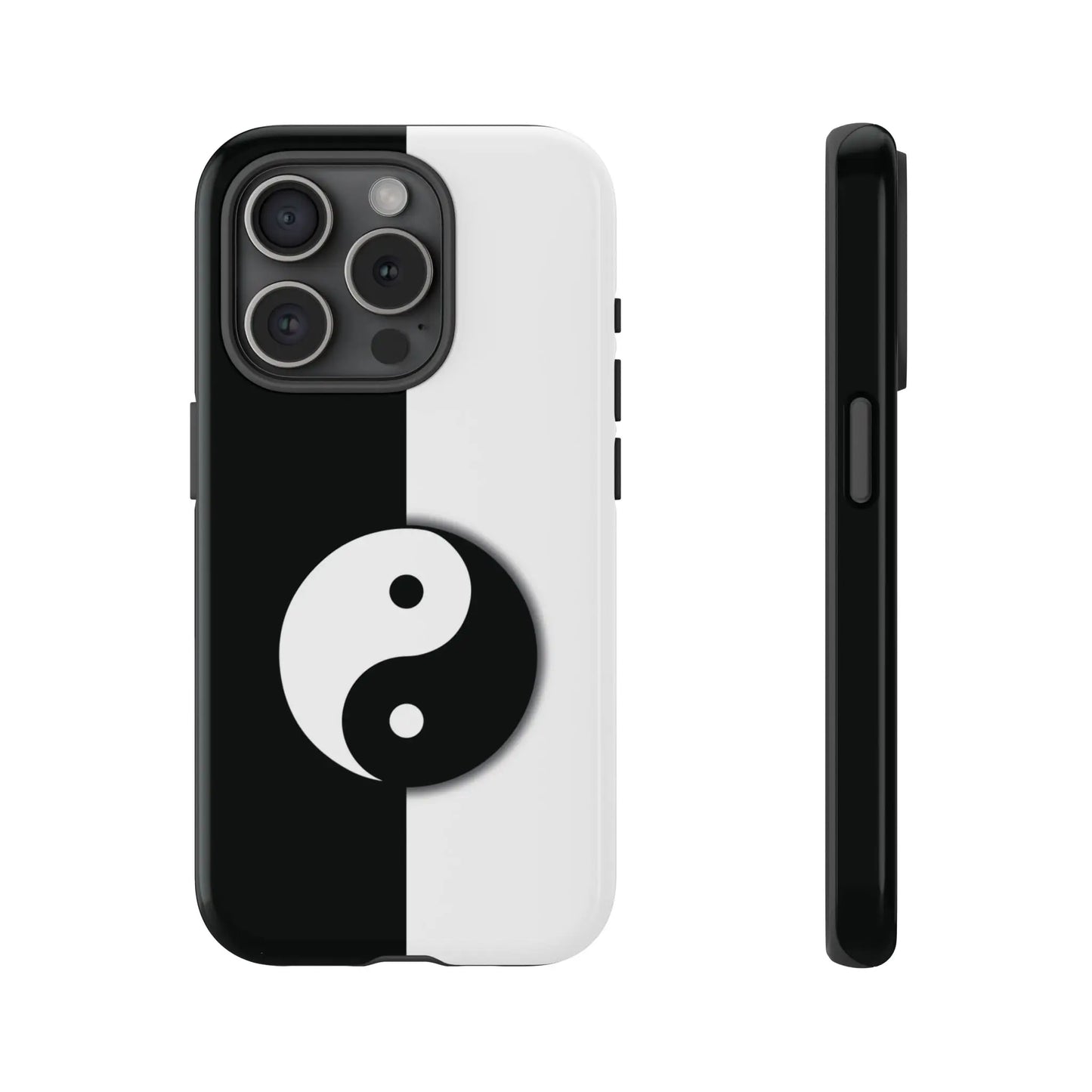 Black and white yin yang phone case with a glossy finish shown from the back side for tough phone protection