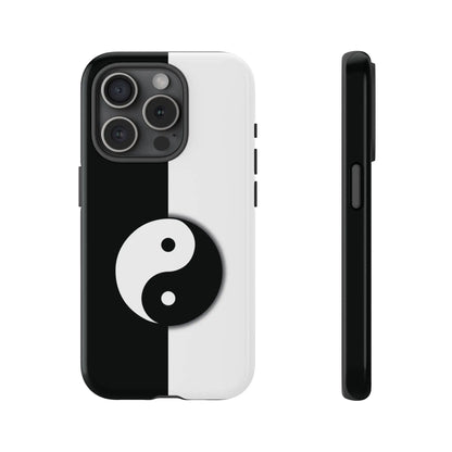 Black and white yin yang phone case with a glossy finish shown from the back side for tough phone protection