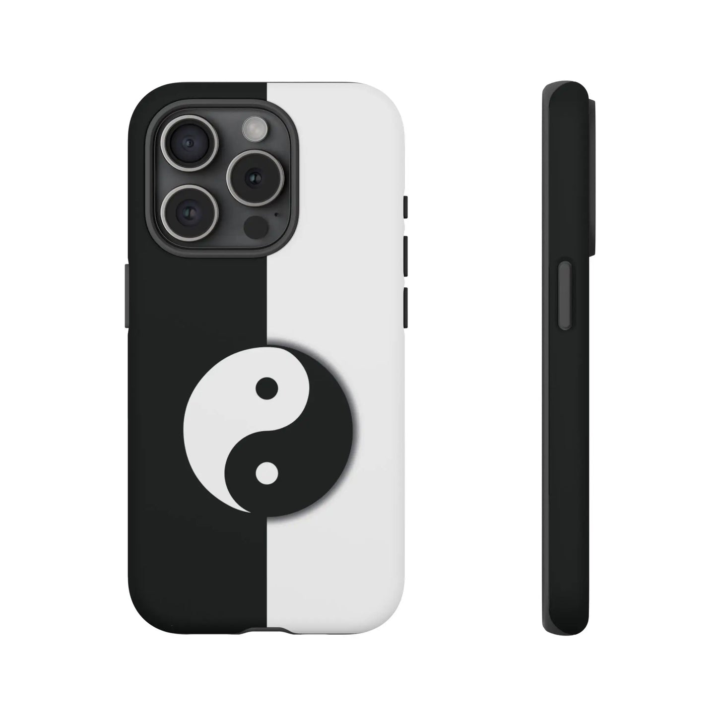 Back side of a yin yang black and white phone case with a sleek minimalist design for tough protection