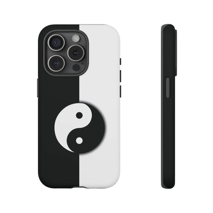 Back side of a yin yang black and white phone case with a sleek minimalist design for tough protection