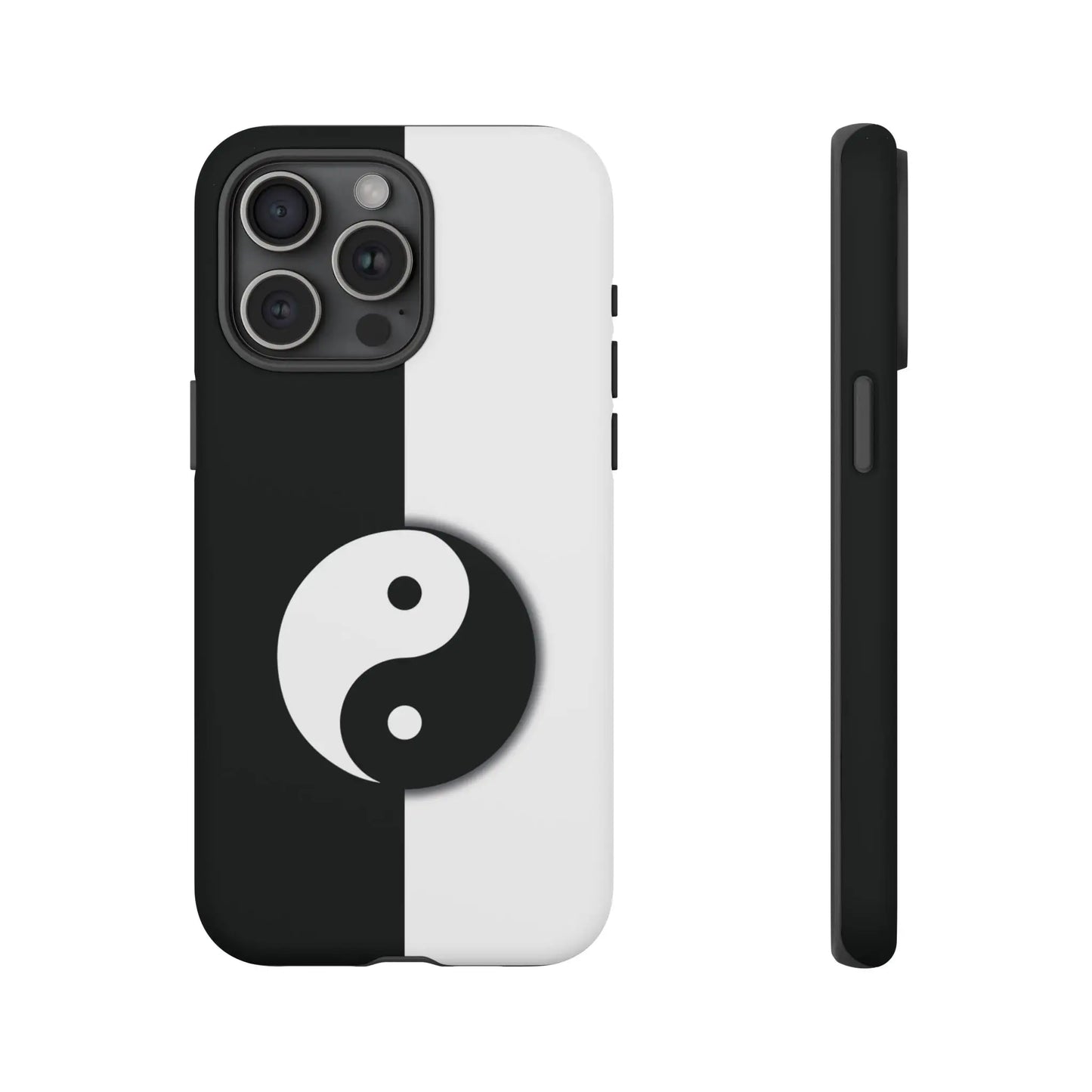 Black and white yin yang phone case with sleek minimalist design shown from the back for tough phone protection
