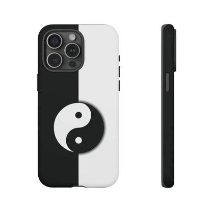 Black and white yin yang phone case with sleek minimalist design shown from the back for tough phone protection