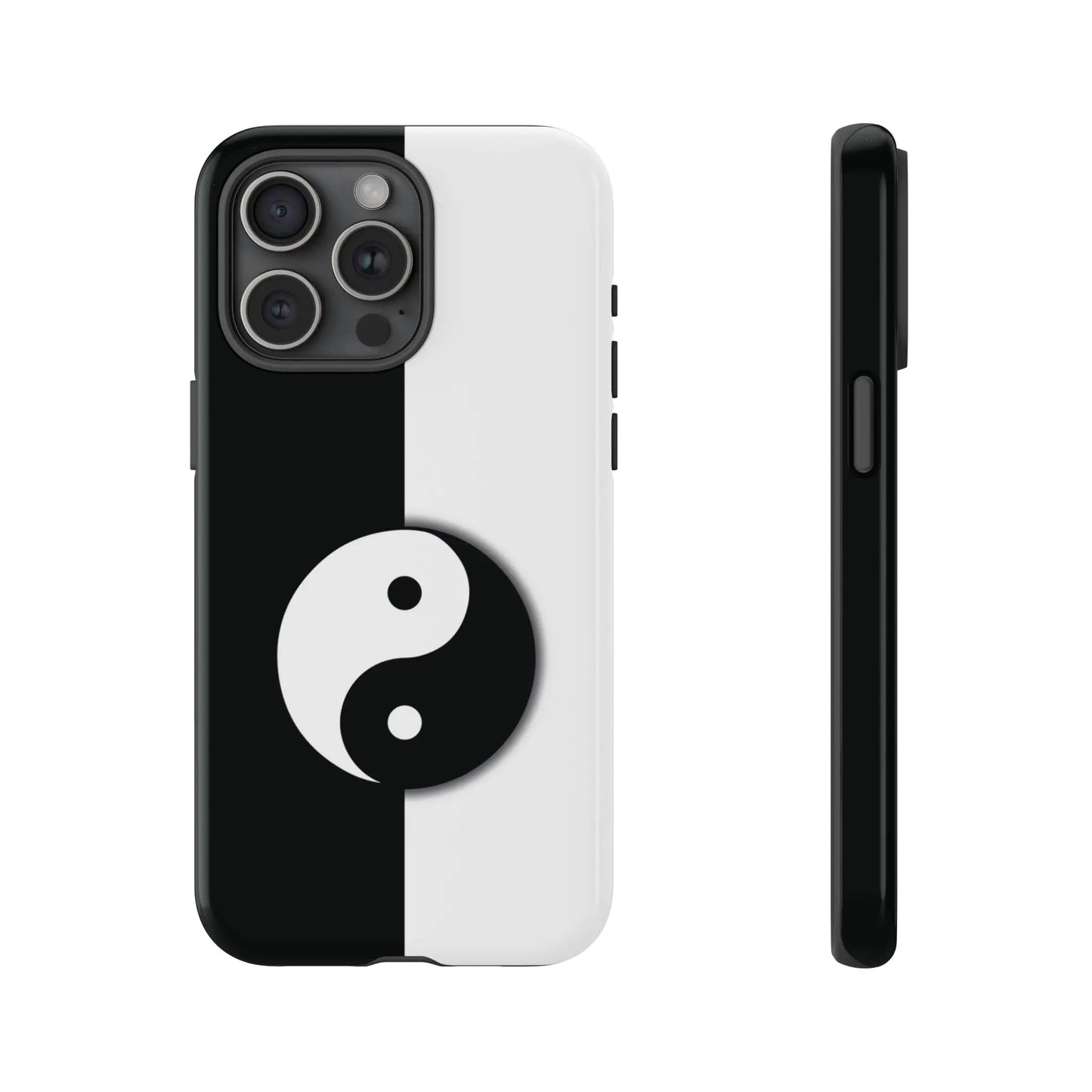 Back side of a sleek minimalist yin yang black and white phone case designed for tough protection