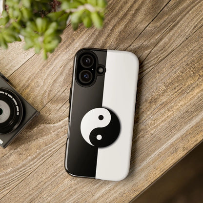 Back side of a tough yin yang black and white phone case with smooth plastic material and yin yang design
