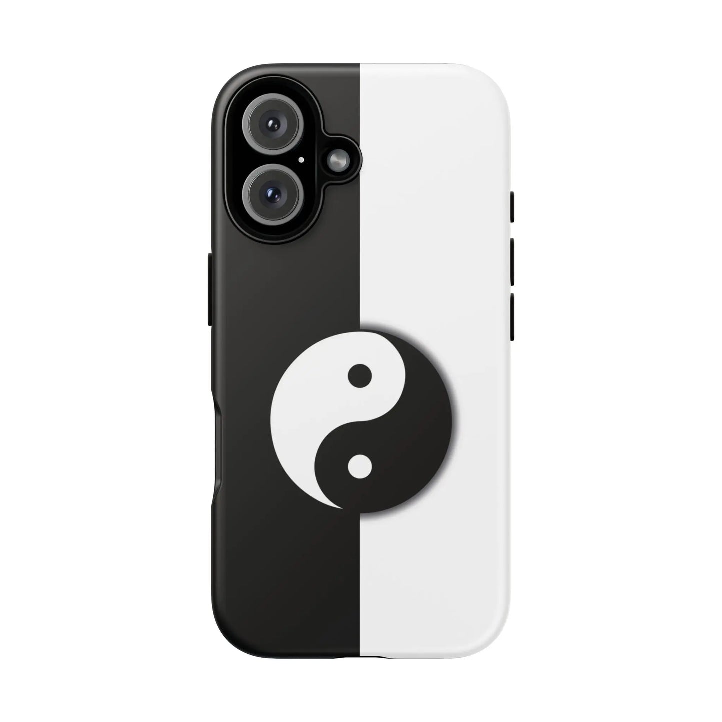 Back side of a tough yin yang black and white phone case featuring a prominent yin yang symbol on split design