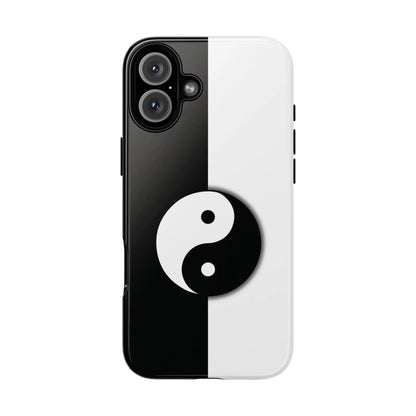 Back of a yin yang black and white phone case with a glossy finish designed for tough phone protection