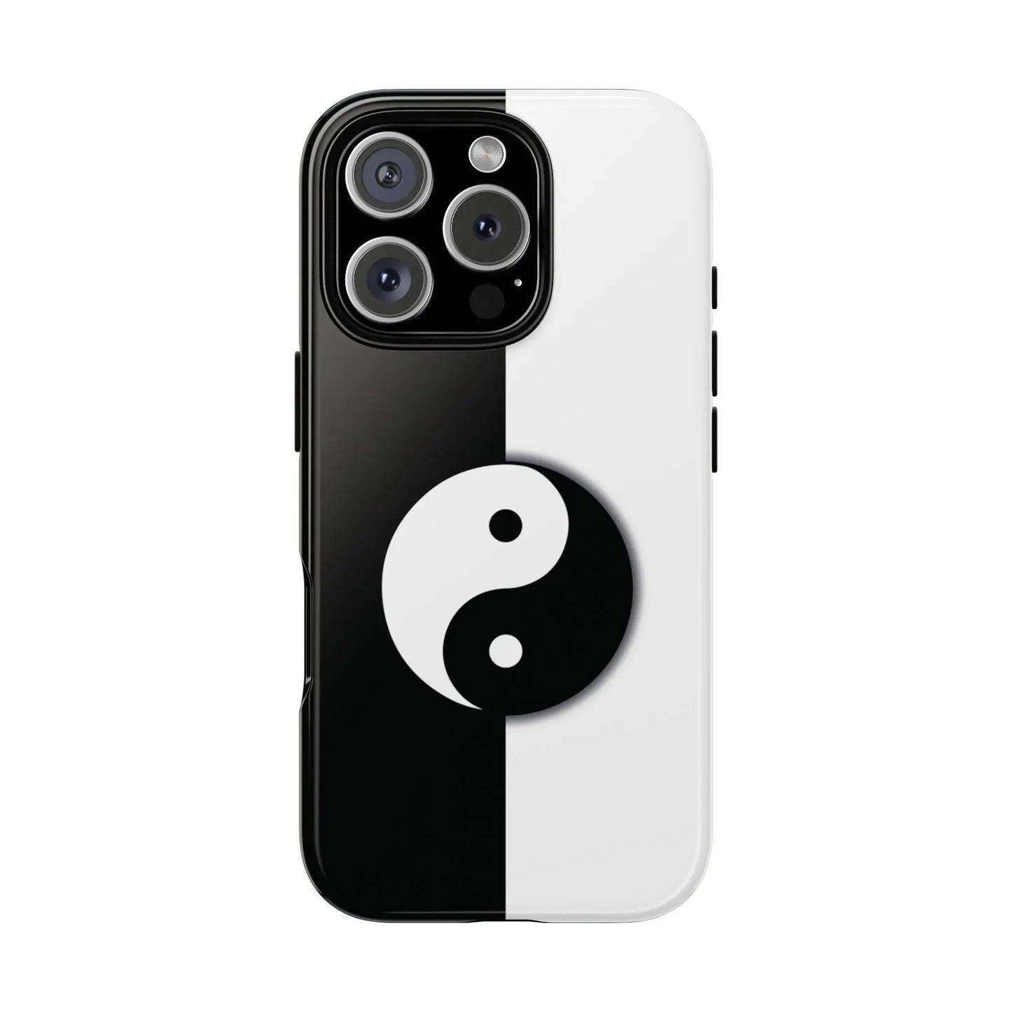 Back side of a tough yin yang black and white phone case with a prominent yin yang symbol centered on the split design