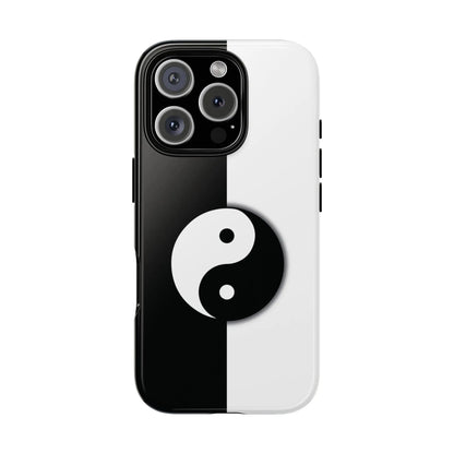 Back side of a tough yin yang black and white phone case with a prominent yin yang symbol centered on the split design