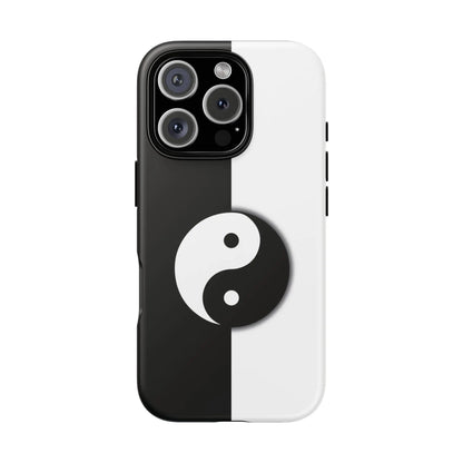 Back of a tough yin yang black and white phone case featuring a central yin yang symbol design