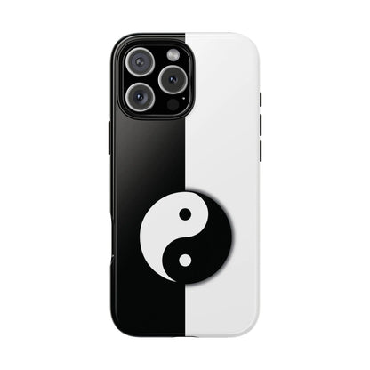Glossy yin yang black and white phone case back view designed for tough protective use