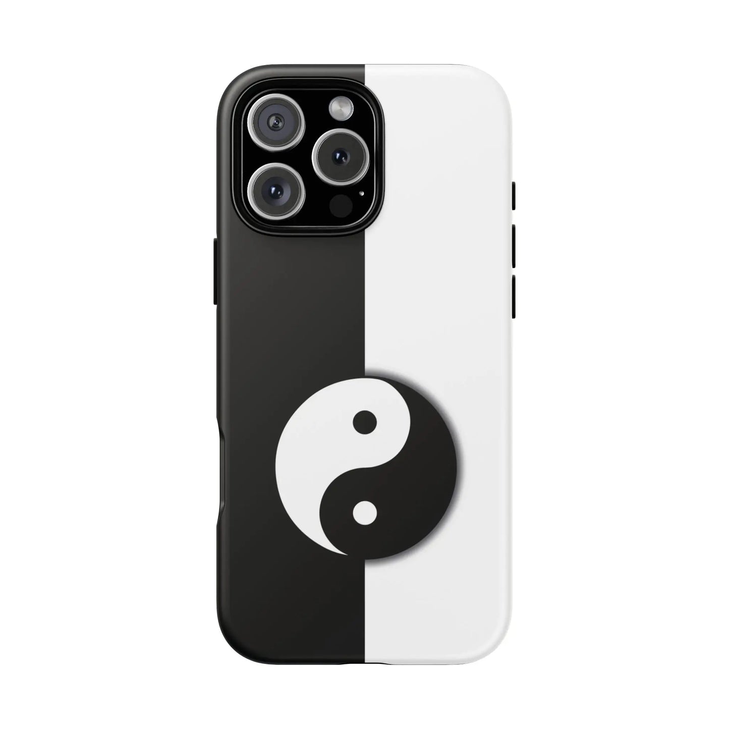 Back side of a tough yin yang black and white phone case with a centered yin yang symbol on split design