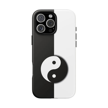 Back side of a tough yin yang black and white phone case with a centered yin yang symbol on split design