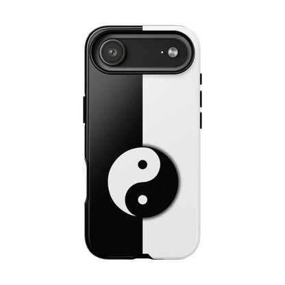 Back side of a tough yin yang black and white phone case featuring a central yin yang symbol on a split-color background