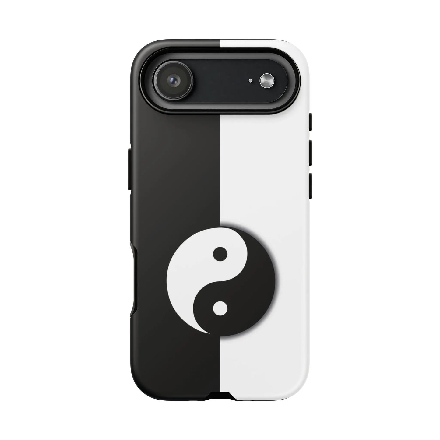Back view of a tough yin yang black and white phone case featuring a centered yin yang symbol on split design