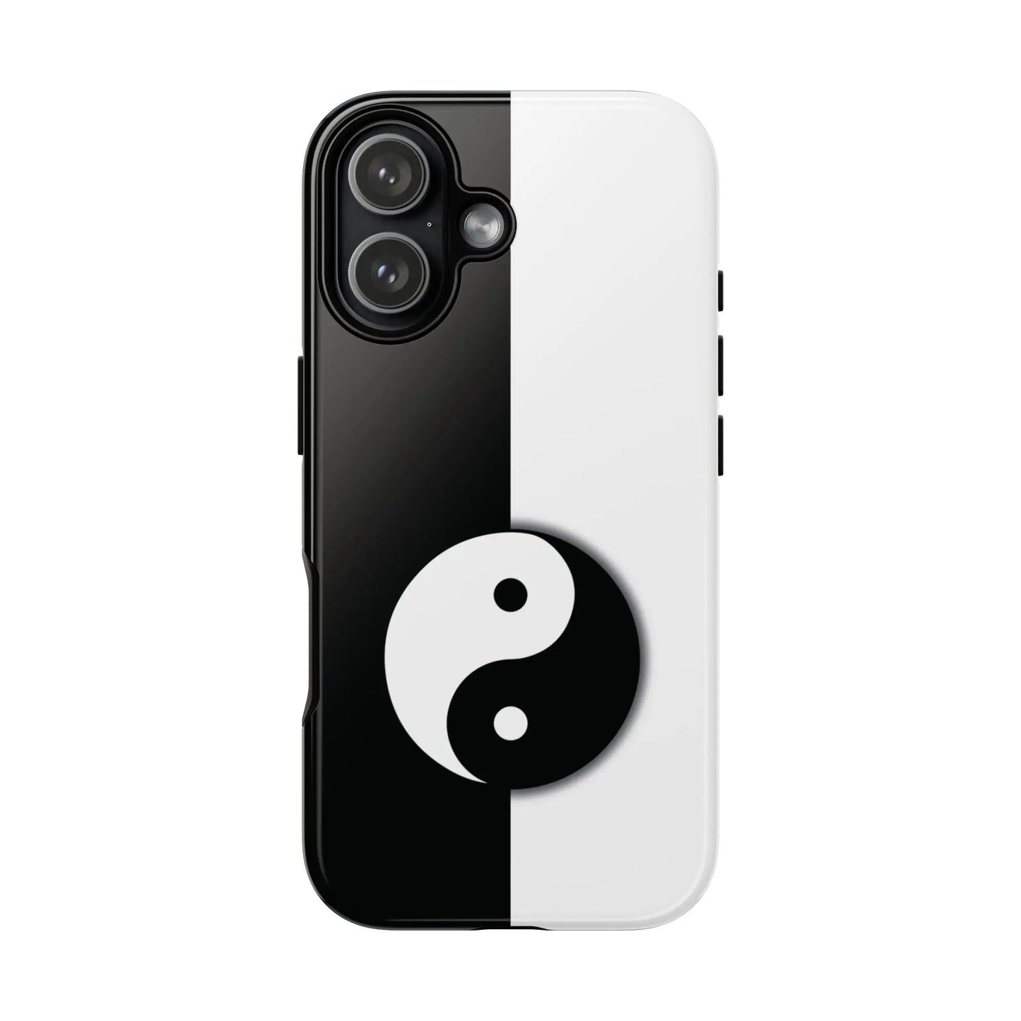 Back side of a tough yin yang black and white phone case featuring a prominent yin yang symbol on split design