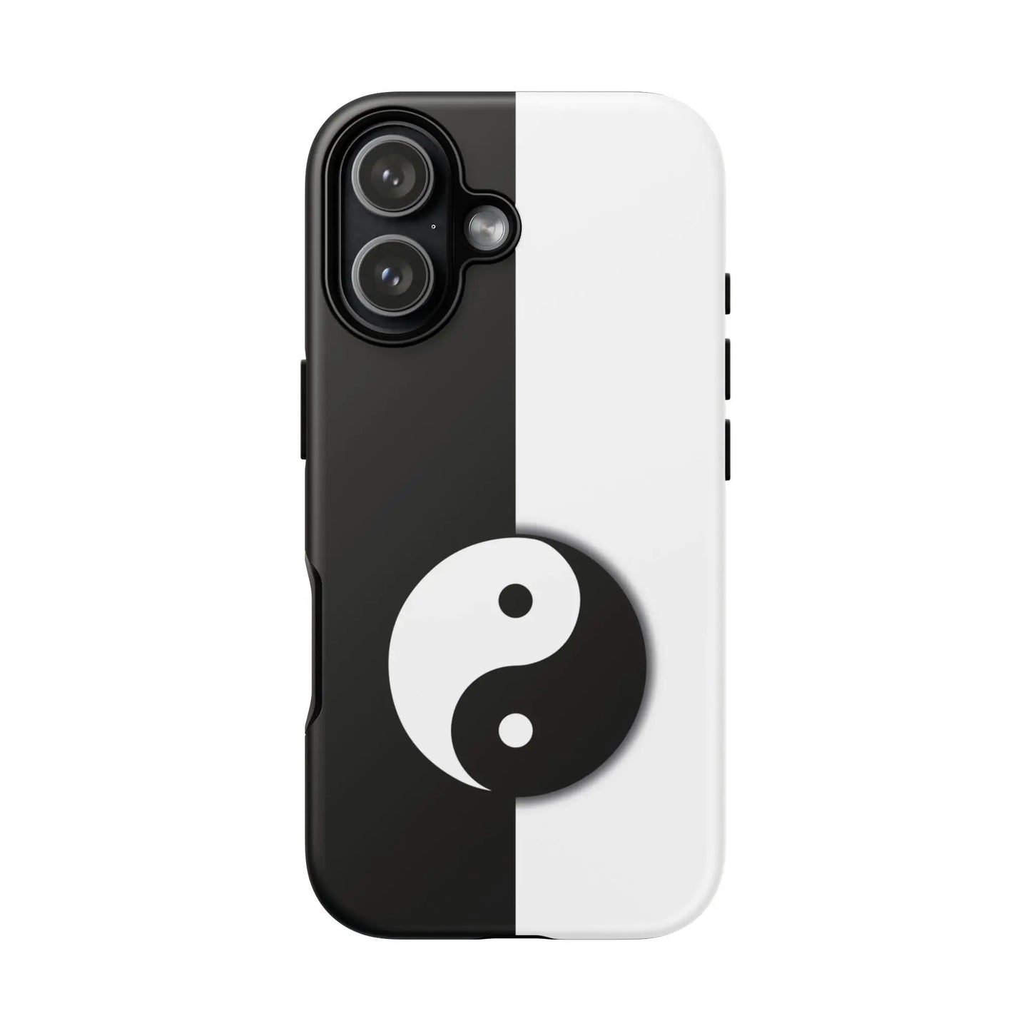 Black and white tough phone case with yin yang black centered on the split design showing the back side