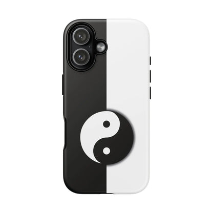Black and white tough phone case with yin yang black centered on the split design showing the back side