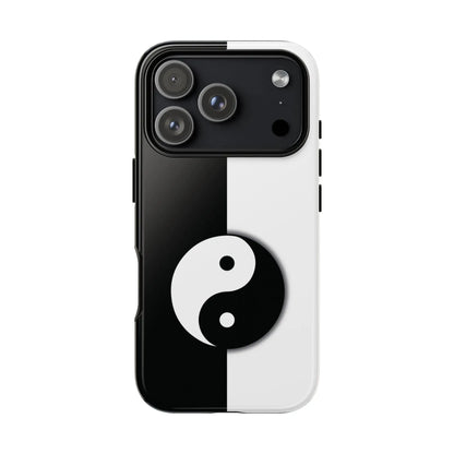 Black and white yin yang tough phone case with sleek minimalist design shown from the back side