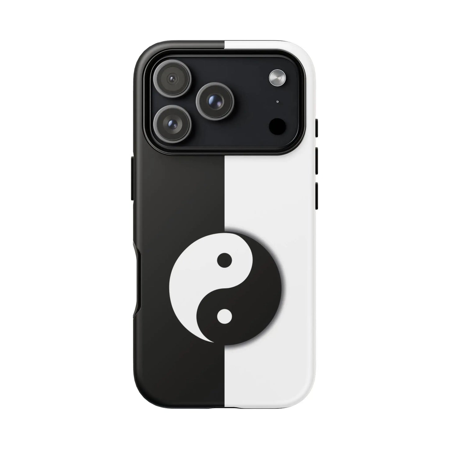 Back of a tough yin yang black and white phone case featuring a prominent yin yang symbol on split design