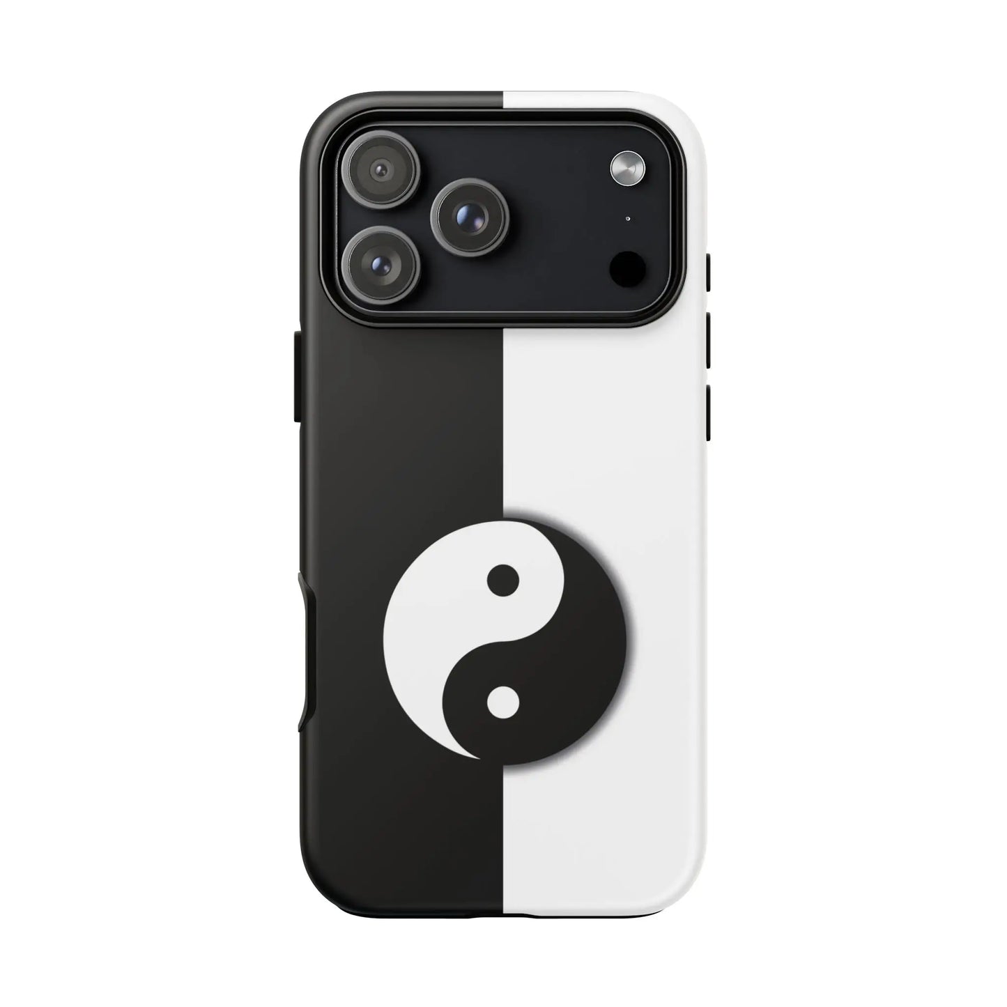 Back of a tough yin yang black and white phone case featuring a prominent yin yang symbol centered on the back