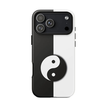Back of a tough yin yang black and white phone case featuring a prominent yin yang symbol centered on the back