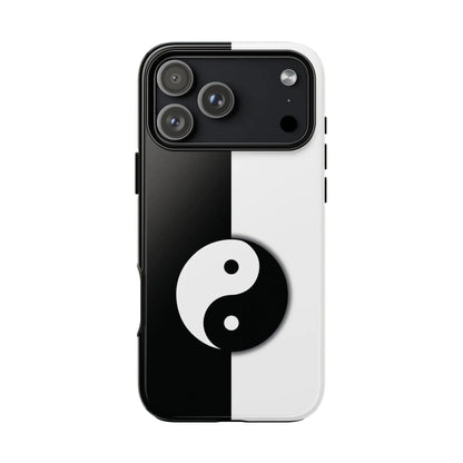 Back side of a sleek glossy yin yang black and white phone case for tough cases with durable protective design