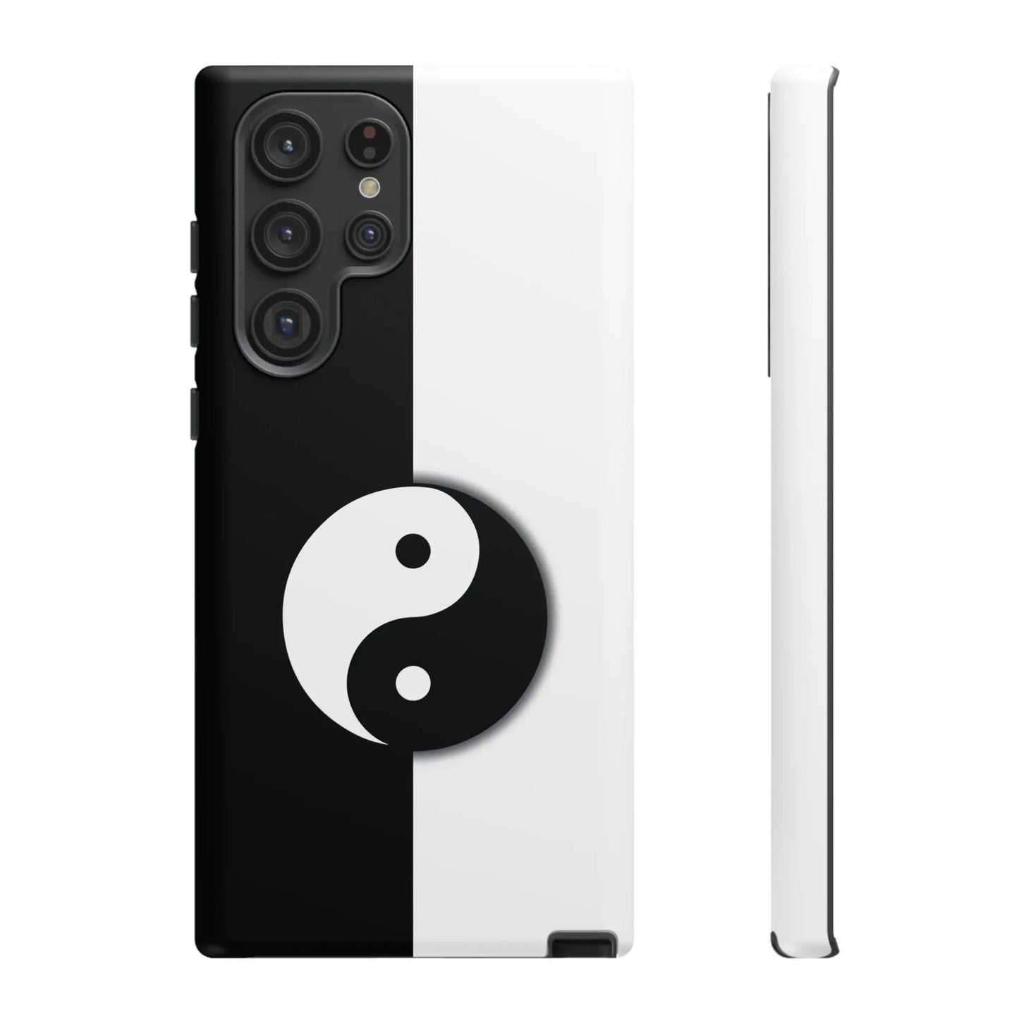 Black and white yin yang phone case with glossy finish showing the back side of the tough case design