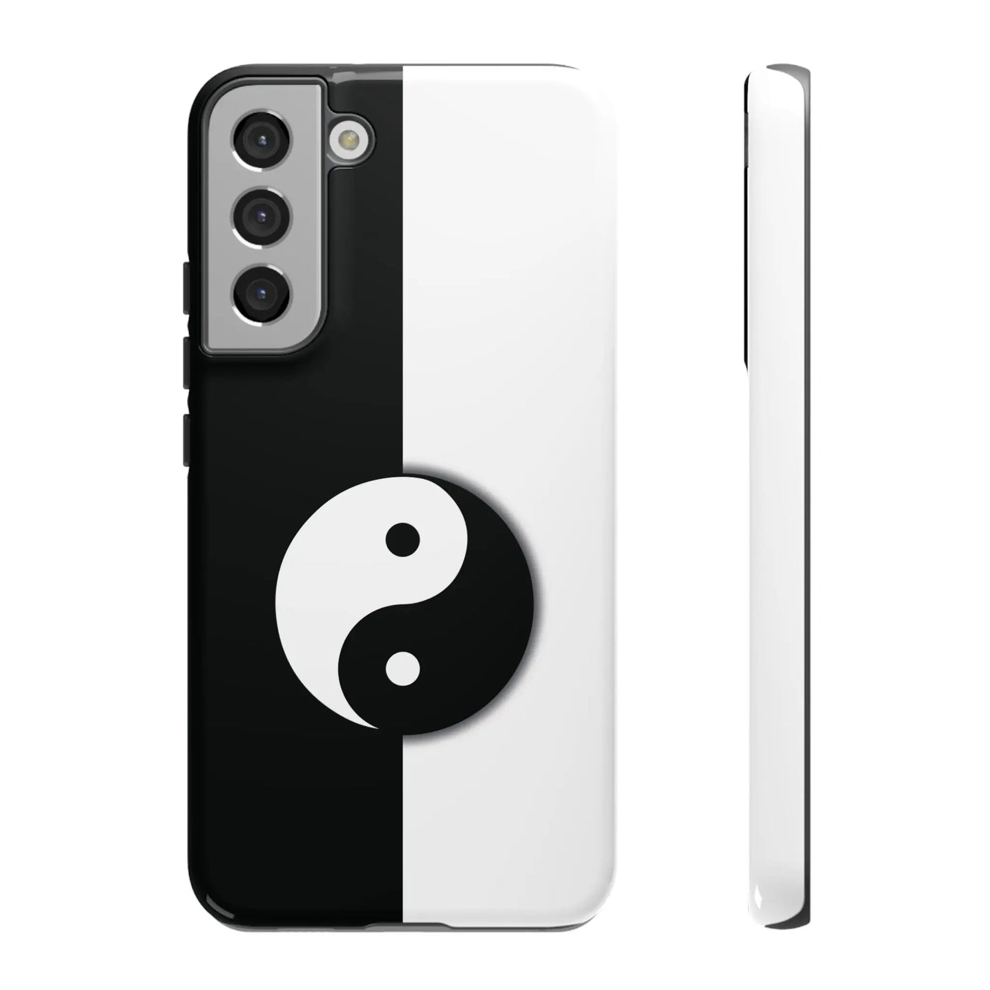 Back of black and white phone case featuring a sleek yin yang black minimalist design for tough cases