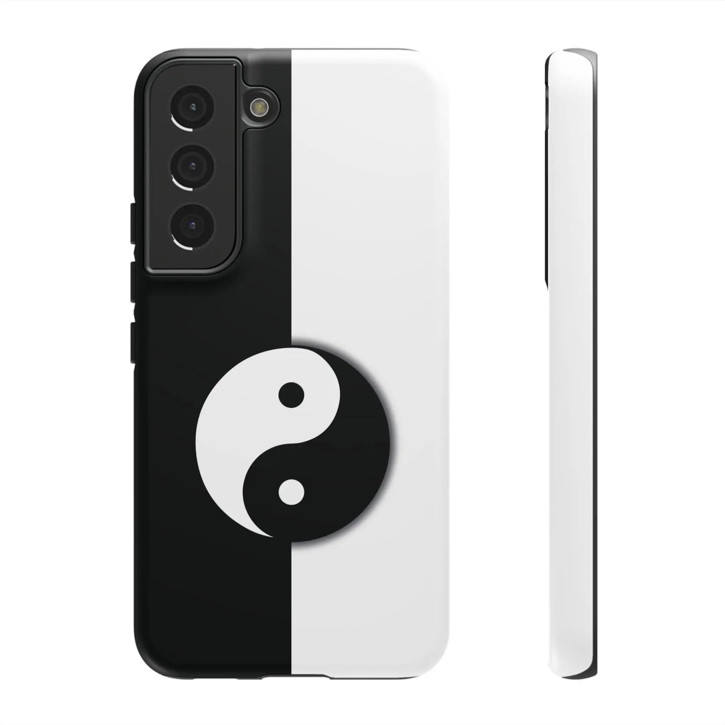 Back side of a tough yin yang black and white phone case featuring a central yin yang symbol on split-color design
