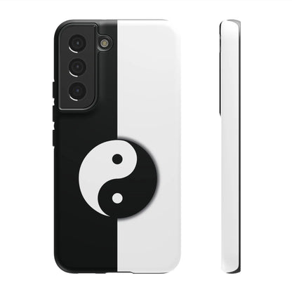 Back side of a tough yin yang black and white phone case featuring a central yin yang symbol on split-color design