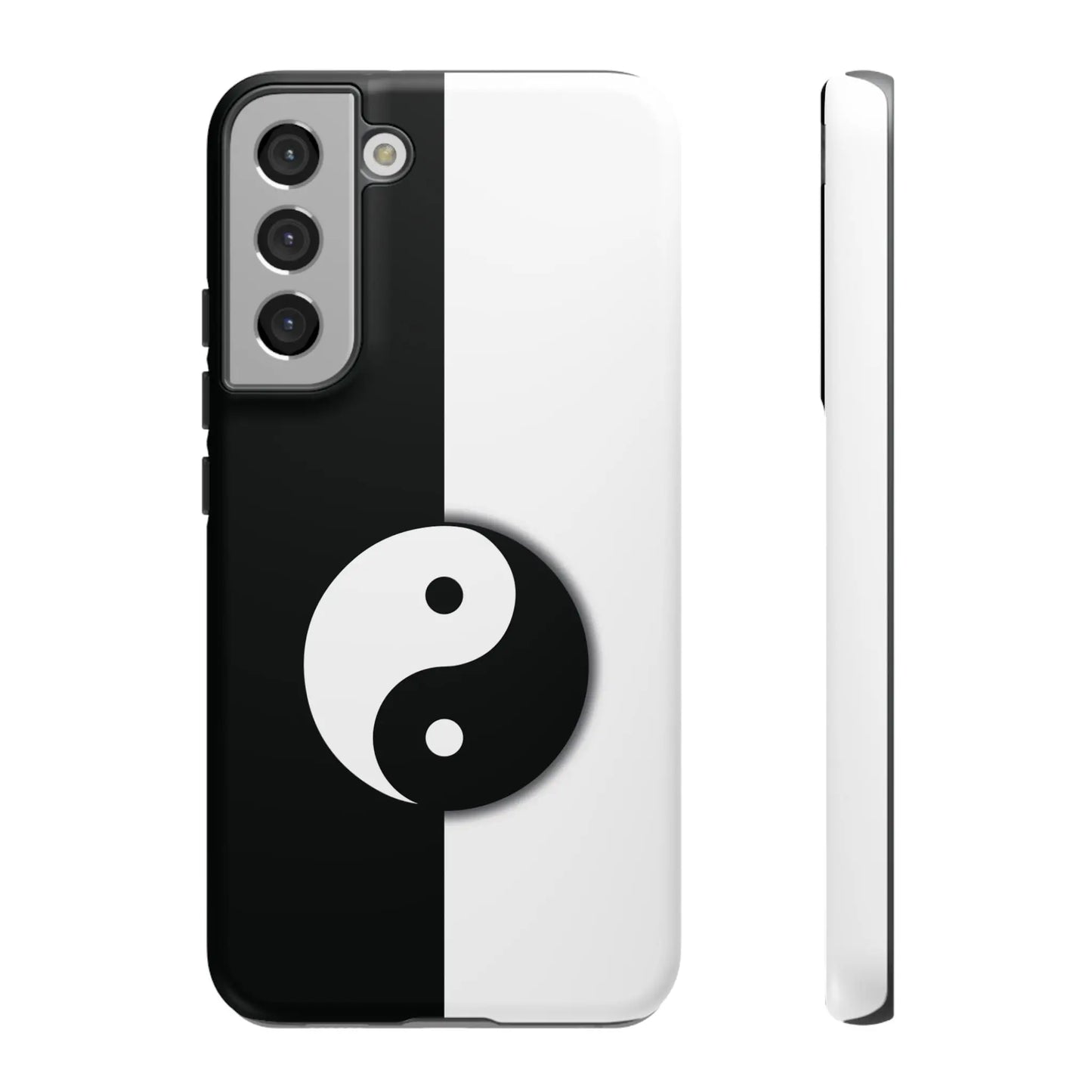Back side of a sleek black and white yin yang tough phone case with a minimalist design for durable protection